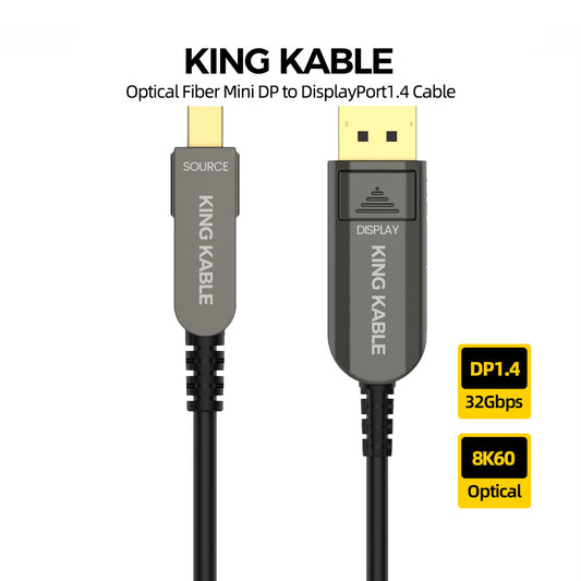 KING KABLE Active Optical Fiber Mini DisplayPort to DisplayPort1.4 Cable Mini DP to DP1.4 32Gbps 8K60 4K144 G-SYNC For Nvidia RTX5090 AMD RX6900 Asus LG Samsung Dell Monitor LED PC Host 30M 100M DP006